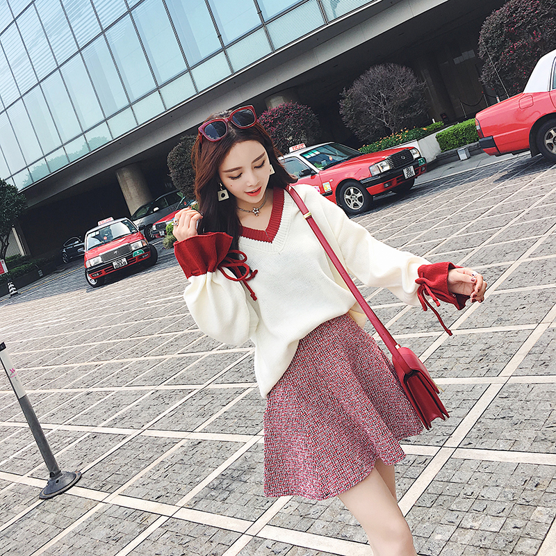 2017秋季韓版新款套裝女ulzzang學生寬松毛衣A字短裙兩件套連衣裙