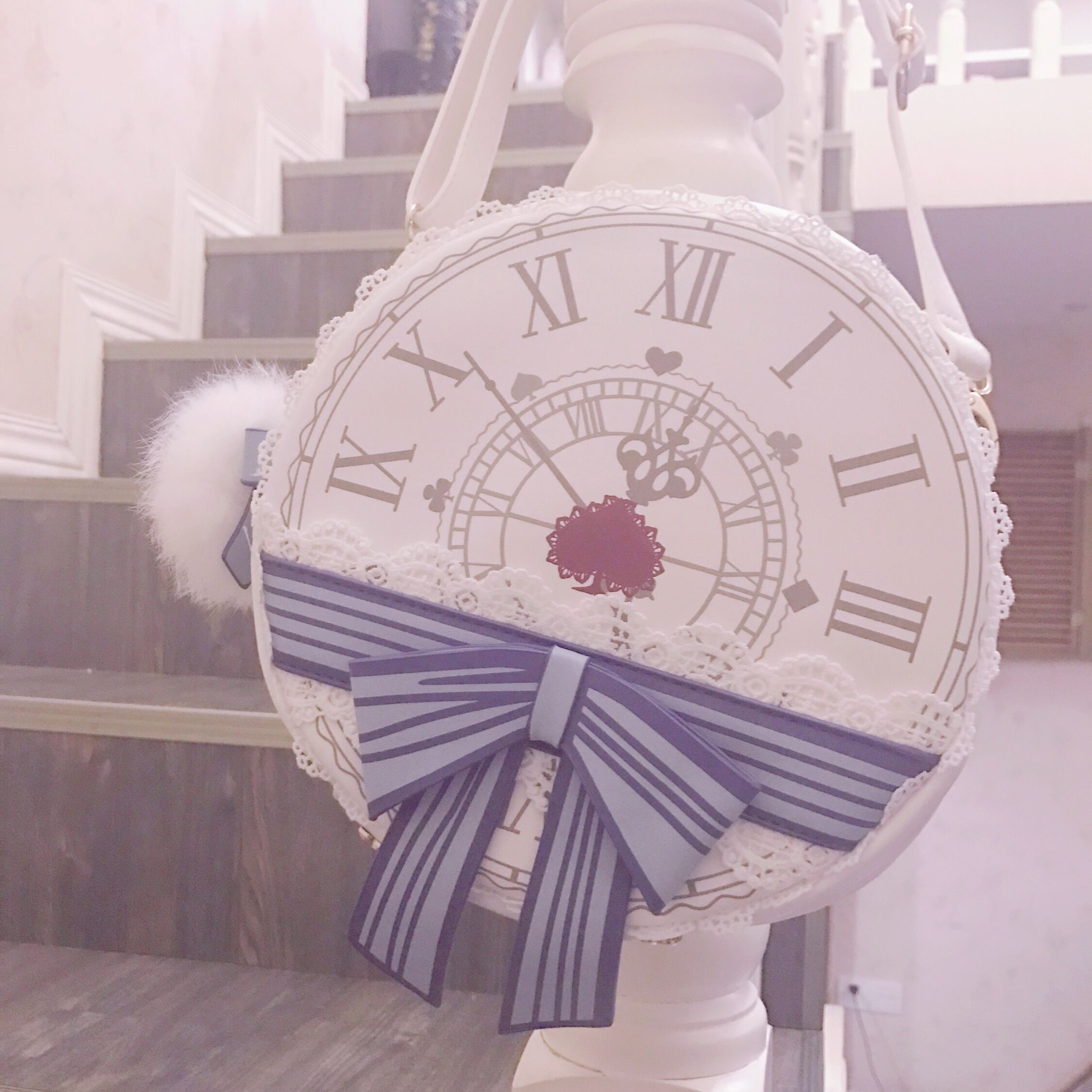 愛麗絲時鐘印花精致蕾絲圓形斜挎包少女可愛
