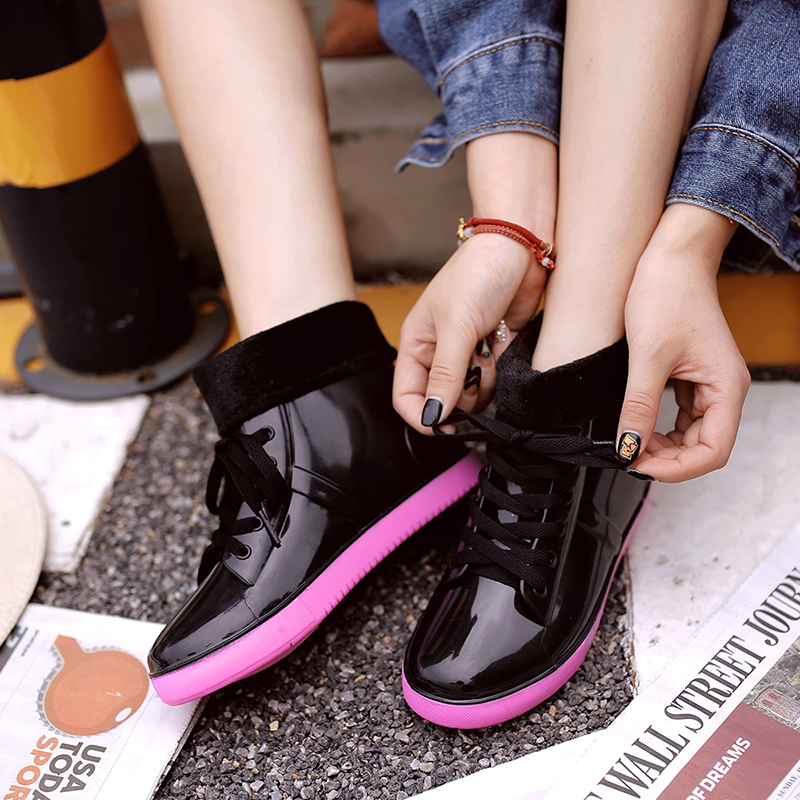 韓國時尚短筒學生繫帶雨鞋加絨雨靴成人膠鞋防滑套鞋女款低幫水鞋