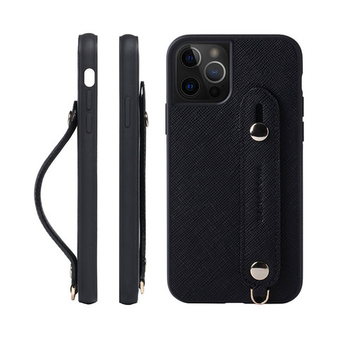 Black — Hanatora Wrist Wrap Genuine Leather Minimal 15, 15 Plus, 15 Pro, 15 Pro Max iPhone Case