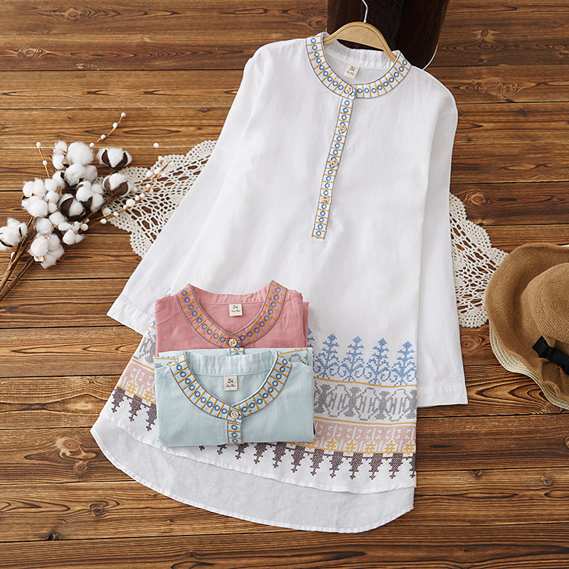 Famous ethnic style literary embroidery pregnant women autumn cotton and linen shirt stand collar embroidered loose mid-length shirt 2019 spring and autumn