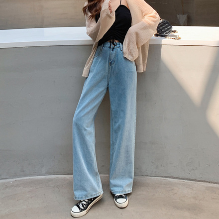 高腰直筒牛仔裤蓝色长裤女2020春夏新款百搭显瘦显高宽松阔腿休闲