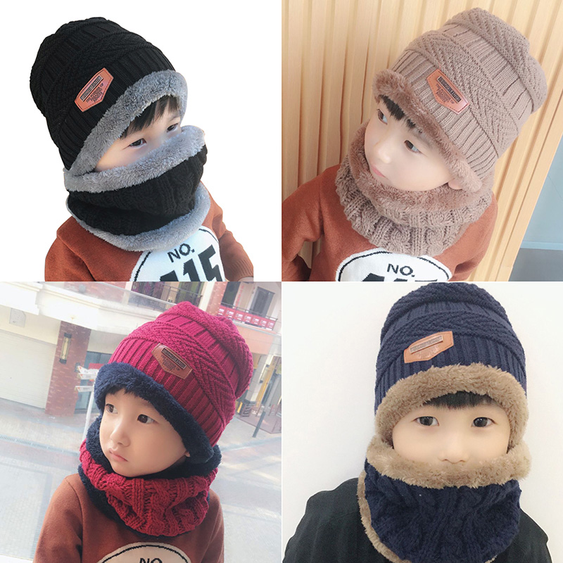 鼕季保暖兒童帽子圍巾男女童加厚加絨寶寶毛線帽圍脖兩件套親子款