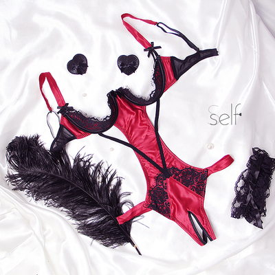 开裆 赠腿环乳贴带钢圈聚拢上托露乳T裤情趣睫毛蕾丝连体衣Sself-淘宝网