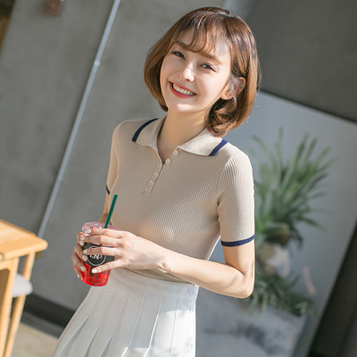 夏季冰丝针织衫学生小心机短袖t恤女修身打底衫港风半袖翻领上衣-淘宝网