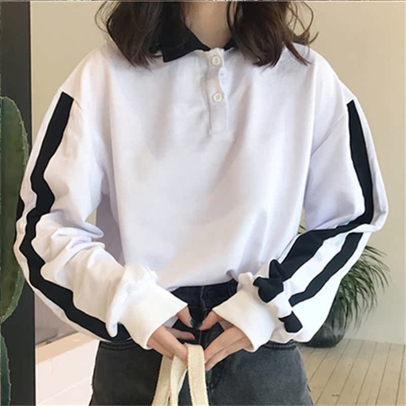2017秋裝新款韓版chic寬松休閑短款上衣條紋Polo領長袖T恤女學生