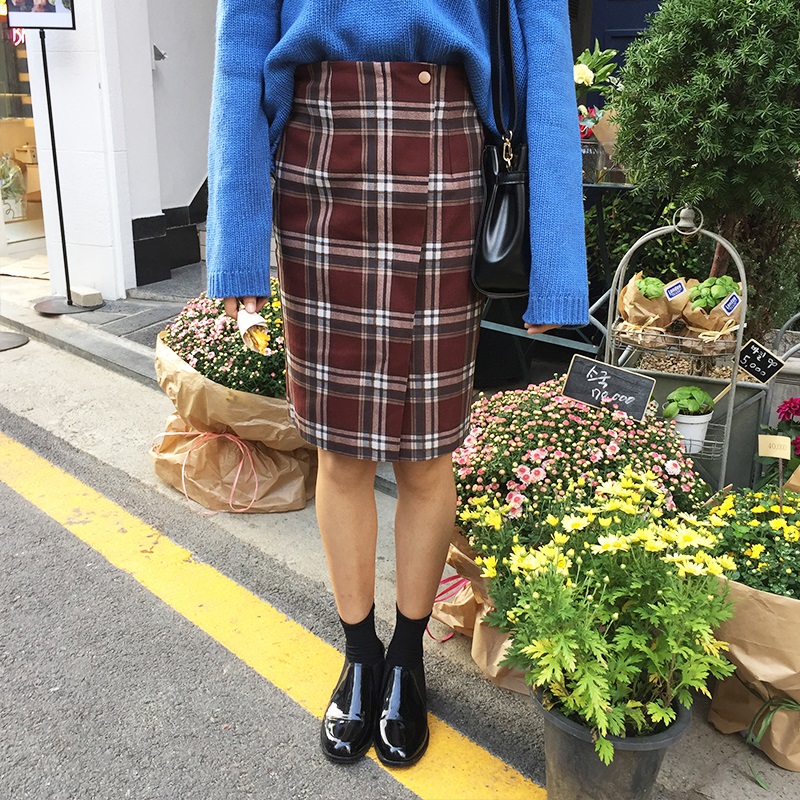 韓國復古英倫學院風格子半身裙學生高腰包臀鉛筆裙不規則開叉中裙