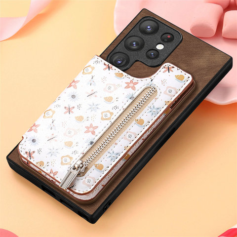 Girls Chic Stylish Flower Zipper Card Holder Kickstand S23, S23 Plus, S23 Ultra, S22, S22 Plus, S22 Ultra, S21, S21 Plus, S21