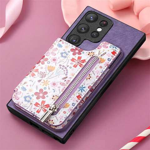 Girls Chic Stylish Flower Zipper Card Holder Kickstand S23, S23 Plus, S23 Ultra, S22, S22 Plus, S22 Ultra, S21, S21 Plus, S21