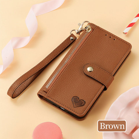 Brown — Hearts Wallets Folio Flip Magnetic Synthetic Leather Card Holder Folding Stand With Wrist Lanyard Strap 8, 8 Pro, 7
