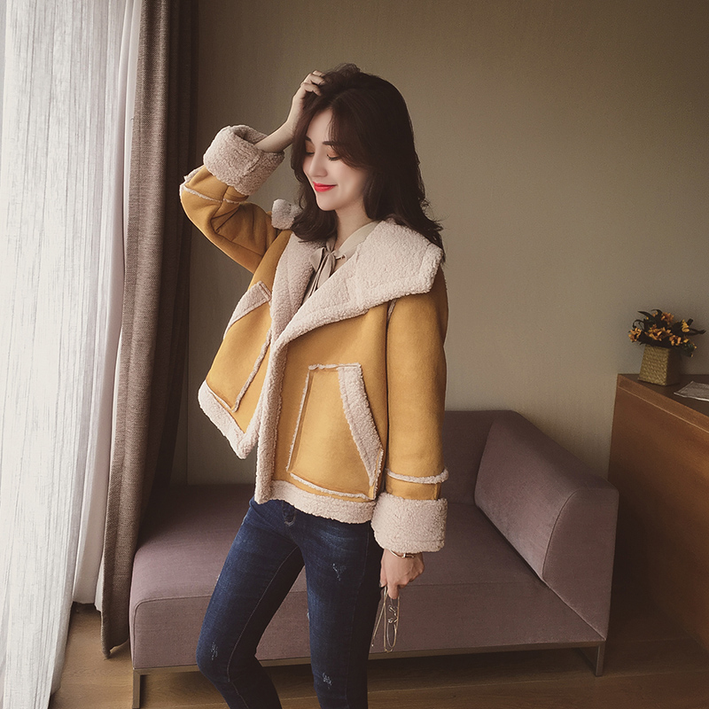 秋鼕裝新款2017韓版顯瘦皮毛一體港味短外套女翻領羊羔毛夾克上衣