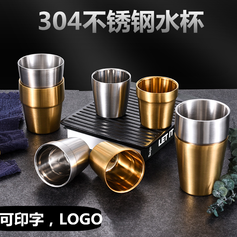 304 Double Layer Stainless Steel Mug Korean Restaurant Dining Cup Golden Kindergarten Anti-Scald Tea Cup Beer Cup