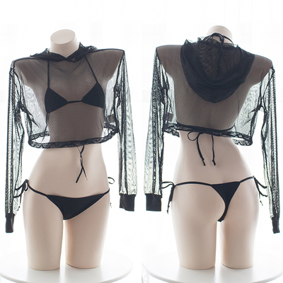 透视网衣百搭网纱长袖连帽罩衫休闲透视上衣短款露脐连帽卫衣-淘宝网