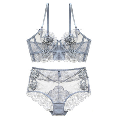 法式性感蕾丝网纱超薄透视文胸套装调整型收副乳聚拢内衣无海绵-淘宝网