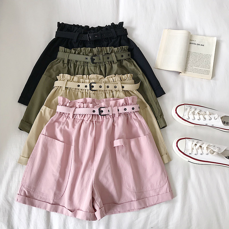grandes poches de la perle salopette d'été de sexe féminin 2019 nouvelle version coréenne du port de la saveur de taille élastique de couleur unie, jambe large pantalon avec ceinture grandes poches de la perle salopette d'été de sexe féminin 2019 nouvelle version coréenne du port de la saveur de taille élastique de couleur unie, jambe large pantalon avec ceinture