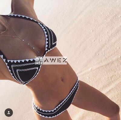 AW Swim欧美高品质kendall jenner黑白系带性感三角杯比基尼-淘宝网