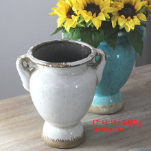 美式乡村地中海做旧陶瓷圆形白色花瓶花器陶罐家居饰品摆件