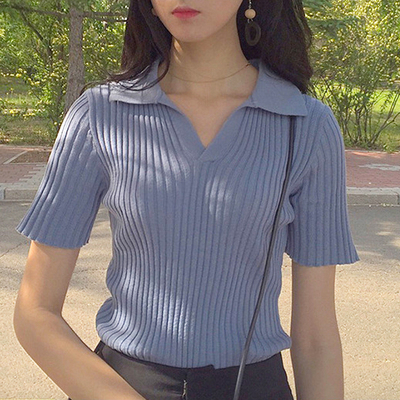 韩版V领复古紧身显瘦T恤纯色百搭针织短袖POLO衫女套头竖条纹上衣-淘宝网