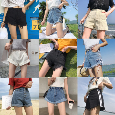 黑色牛仔短裤女春夏2019新款韩版高腰宽松显瘦网红毛边阔腿热裤潮-淘宝网