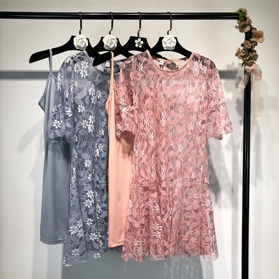 韩版透视蕾丝裙 2018夏季新款甜美蕾丝吊带两件套连衣裙chic短裙-淘宝网