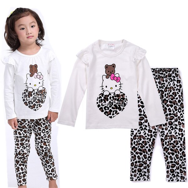 外贸纯棉儿童春秋家居服 女童Hello Kitty长袖卡通秋衣秋裤套装