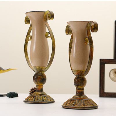 美式乡村复古做旧树脂花瓶铁艺摆件 欧式咖啡馆酒吧家居浪漫烛台