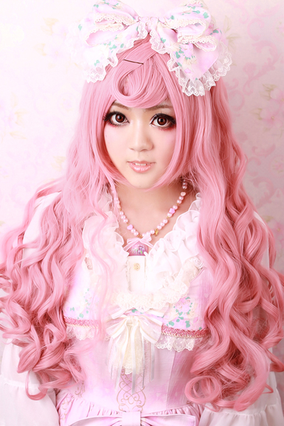 低价促销★v家★巡音ruka-magnet版烟粉色80cm卷发cosplay假发