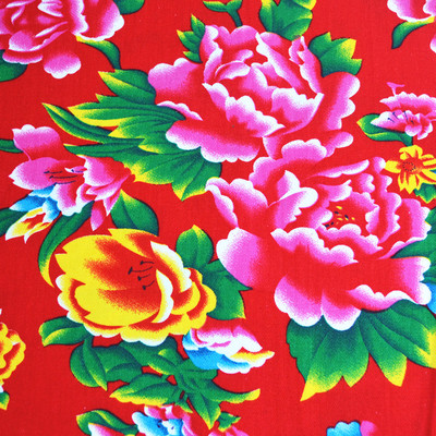 东北大花布红色牡丹花布料全棉 被套被面椅套布凤凰牡丹沙发布