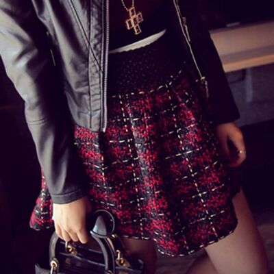 秋冬短裙英伦格子蓬蓬裙百褶半身裙高腰毛呢A字短裙女裙裤子