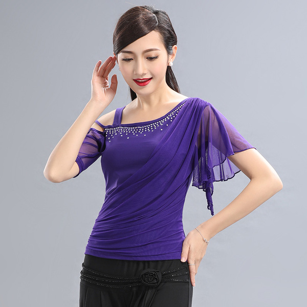 新款广场舞交谊舞拉丁舞服装成人女式短袖修身摩登舞蹈上衣表演服