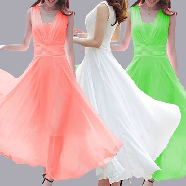 2016夏新款女沙滩裙韩版时尚雪纺波西米亚连衣裙子女无袖仙女长裙