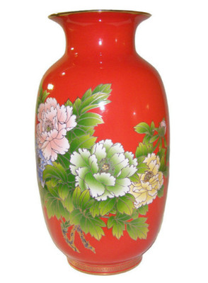 中国红瓷花开富贵花瓶 醴陵红色官窑瓷器工艺瓷 办公陈列瓷 礼品
