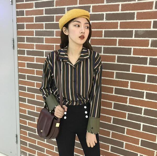 春装新款宽松显瘦竖条纹拼接皮袖口韩版衬衫女翻领单排扣衬衣上衣