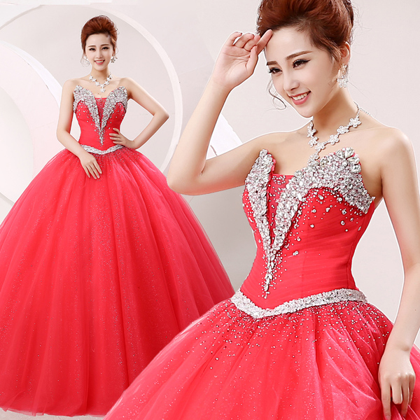 豪华水钻抹胸婚纱2017新款彩色独唱舞台主持演出礼服长款齐地红色