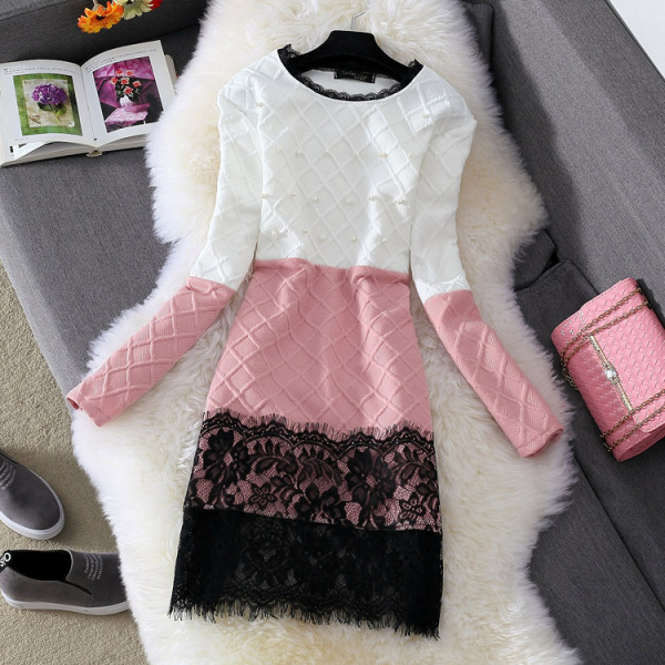 2016新款秋冬长袖订珠连衣裙女气质修身显瘦蕾丝下摆一步裙A字裙