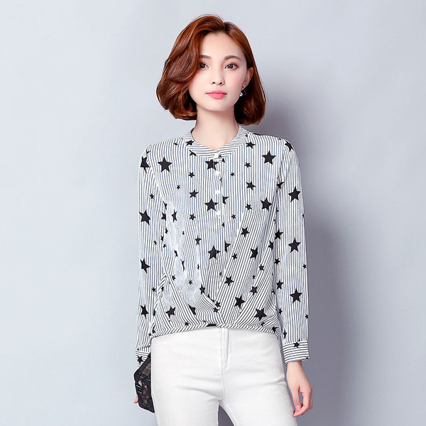 英伦风少女衬衫女长袖2017春秋新款五角星女上衣圆领宽松打底衫潮