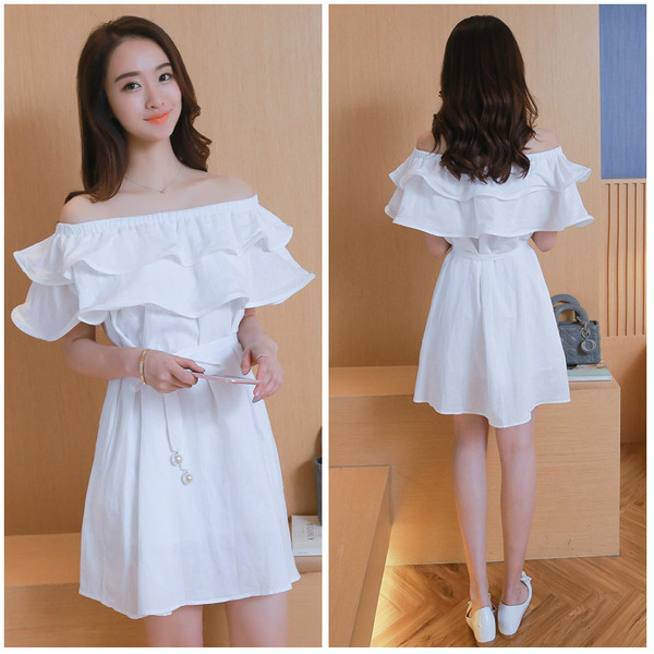早春新款女装性感荷叶边一字领露肩小清新收腰修身显瘦A字连衣裙