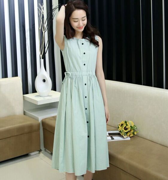 早春新款女装小清新复古纯色收腰修身显瘦无袖背心连衣裙中长裙女