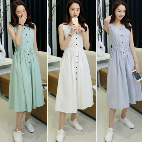 早春新款女装小清新复古纯色收腰修身显瘦无袖背心连衣裙中长裙女