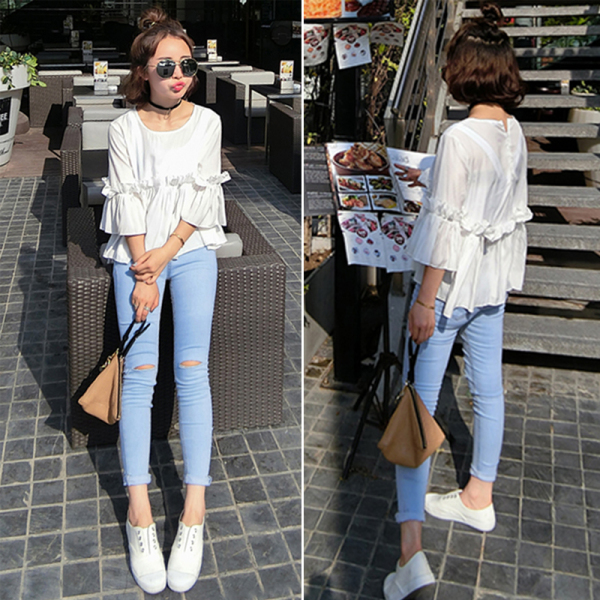 早春新款女装纯色后背拉链甜美荷叶边七分喇叭袖套头雪纺衫上衣