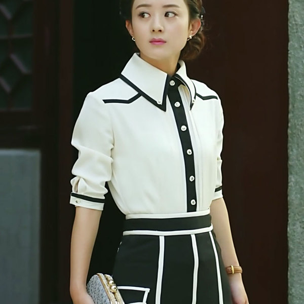 16夏季新款胭脂蓝胭脂赵丽颖明星同款韩版修身七分袖中长款连衣裙