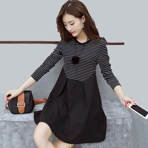 2017春夏装韩版新款黑白条纹中长款大码百搭女装显瘦A字连衣裙女