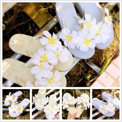原创甜美水仙花拖鞋手工花朵凉拖鞋平底坡跟防滑沙滩鞋夹脚人字拖