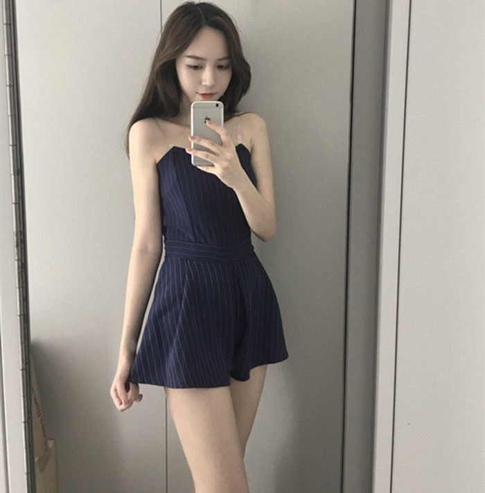 (实拍)夏季新品薄款性感抹胸阔腿短裤女条纹连体裤