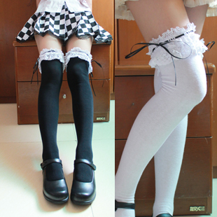 日系cosplay女仆蕾丝花边丝带蝴蝶结长筒袜过膝袜大腿高筒袜黑白