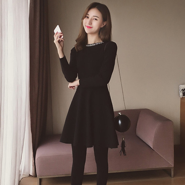 2017春装新品长袖绣花直筒连衣裙女夏修身显瘦一步裙打底A字裙子