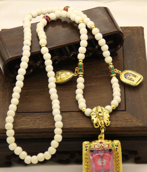 泰国进口牛骨圆珠鎏金珐琅象神 三挂三尊佛牌链挂链项链子 男女款
