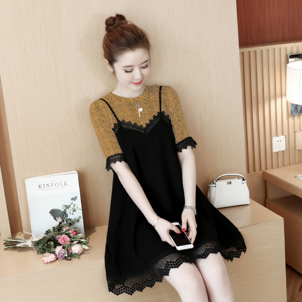 2017春夏韩版新款连衣裙女短袖蕾丝花边条纹假两件雪纺显瘦A字裙