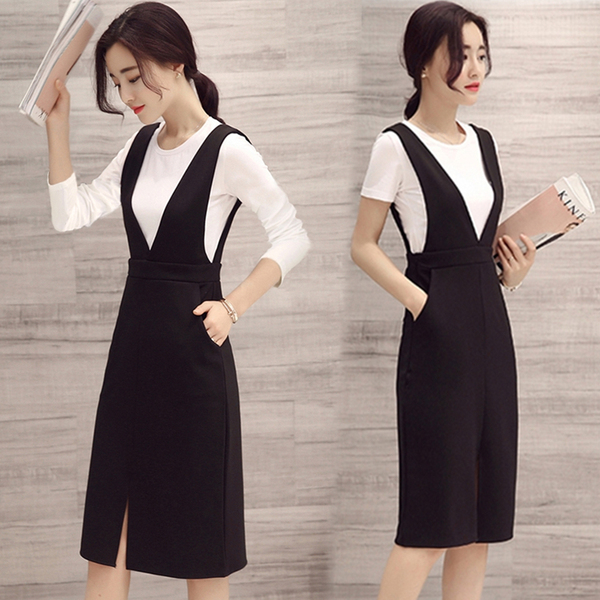 春装韩版新款中长款长袖套装裙修身背带裙两件套夏季短袖连衣裙潮