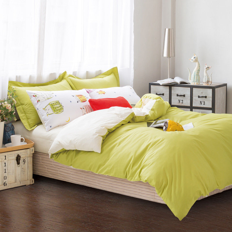 莎莱雅纯色纯棉四件套素色双拼撞色简约被套床单1.51.8米床上用品